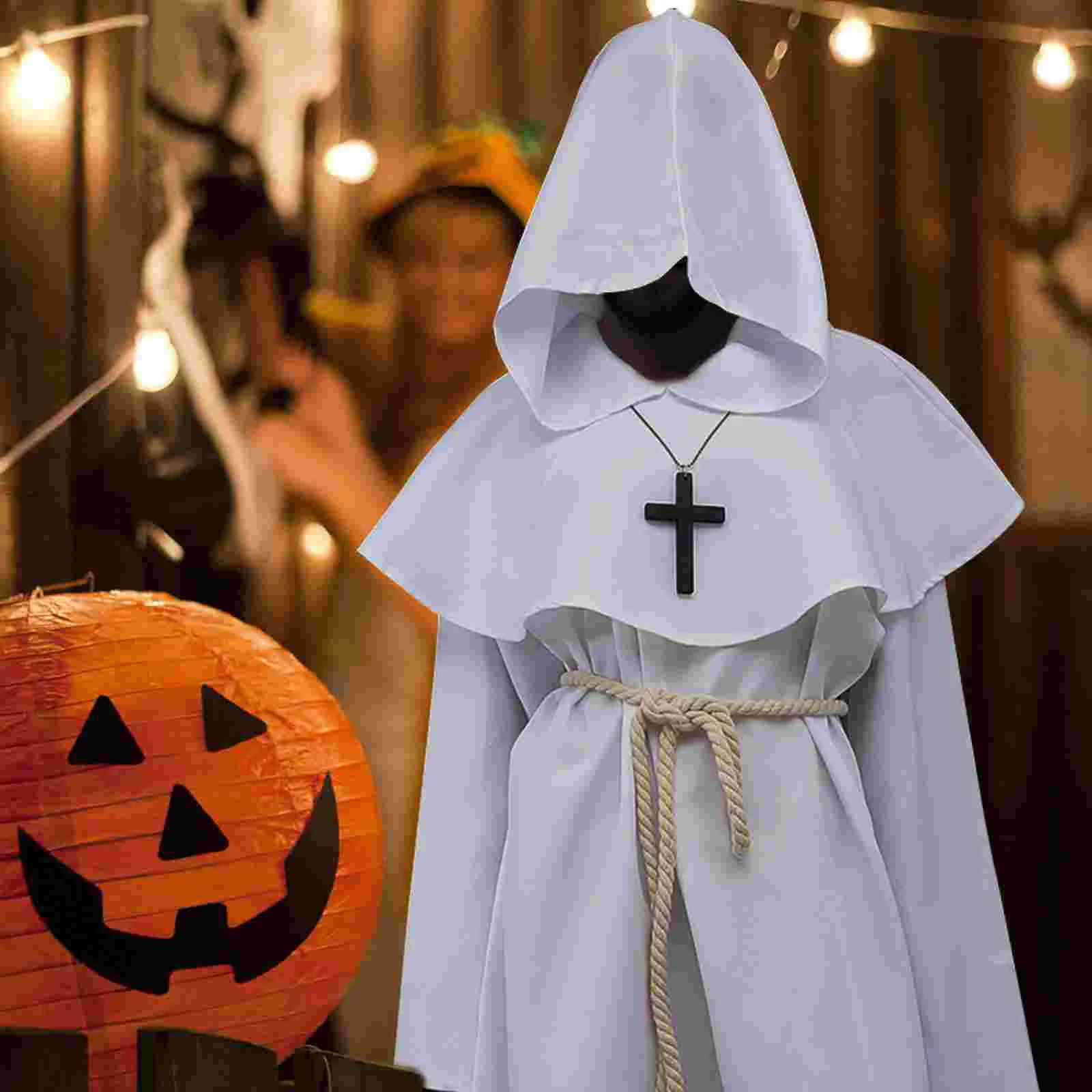 Traje renacentista para hombre, ropa de sacerdote, disfraz de Halloween, capa de monje, blanco con capucha