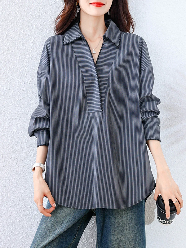 

Аутентичная осень 2023, новая модная свободная блузка в полоску с v-образным вырезом, универсальная удобная женская качественная блузка премиум-класса