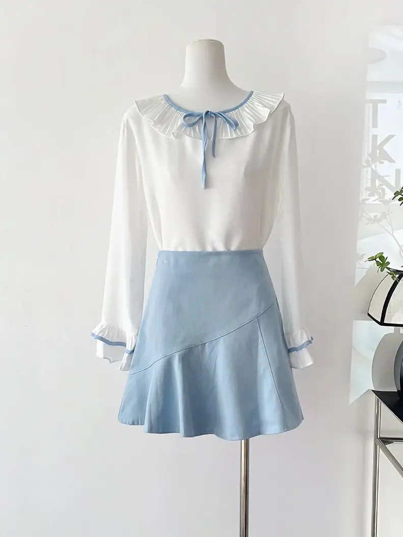 

Весна-Осень 2024, новая корейская модная рубашка и юбка, комплект из двух предметов, милая блузка с кукольным воротником и юбкой «рыбий хвост», комплект из двух предметов