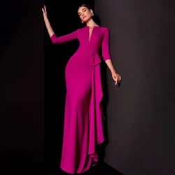 Rose Red Wedding Guest Dresses for Women V Neck 3/4 Sleeves Evening Gowns Long Mermaid Ruffle Trumpet Formal Party Dress 2024