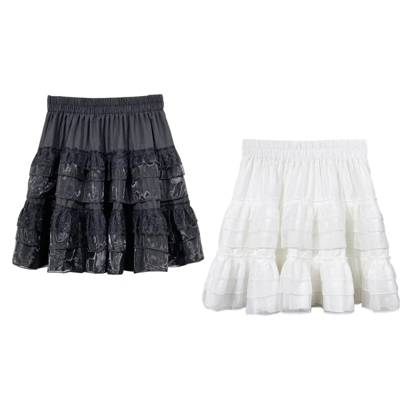 

Women Lace Patchwork Mini Pleated Skirt Casual Highs Waist Ruffle Tiered Skirt