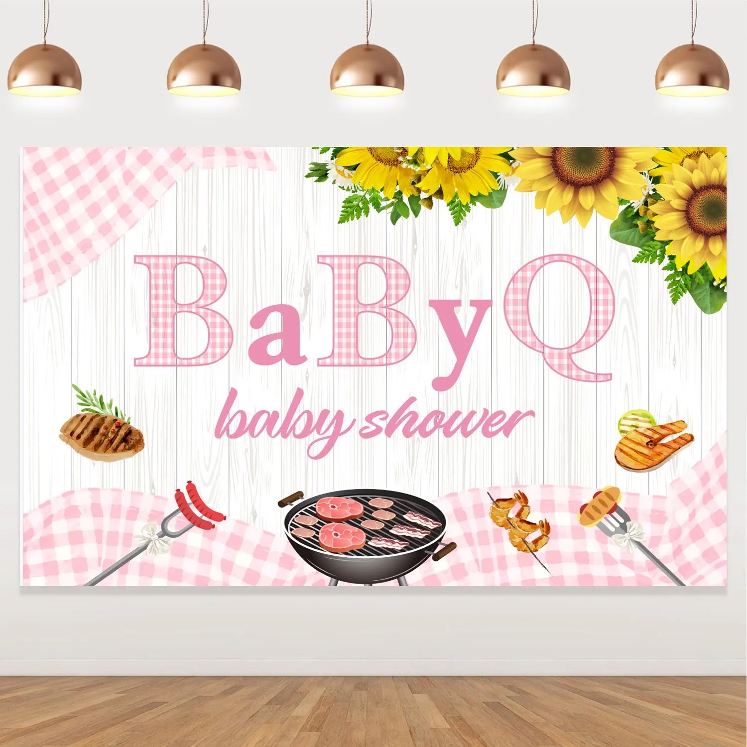 

Backdrop for Party Decorations, BBQ, Baby Shower, Girl's Pink BabyQ, Sunflower Barbecue Background, Birthday Picnic Supplies