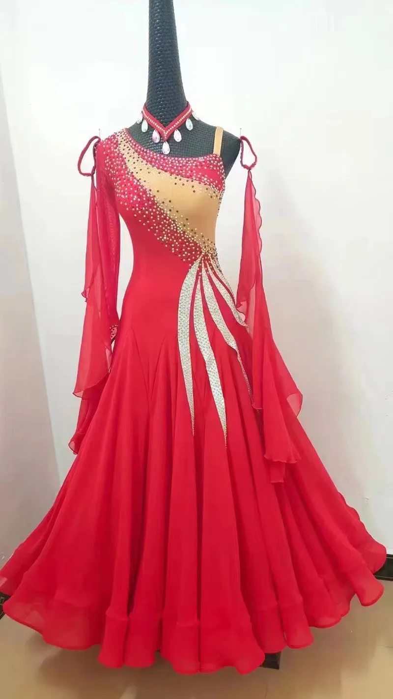 

Women Standard Ballroom Dancing Dress Elegant Red Ballroom Competition Dance Costume Adult Profession Waltz Dance Dresses