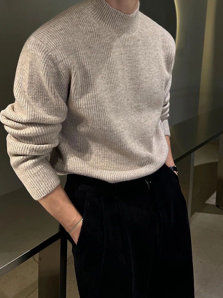 

f-High Collar Men's Knitted Sweater Casual Warm Base Layer irt Korean Sle Simple Leisure Polyester Fiber