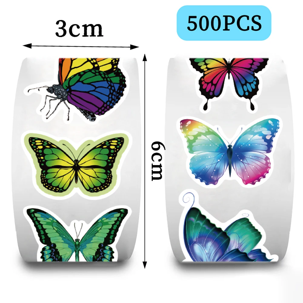 500Pcs/roll Cartoon Butterfly Stickers, Roll Vinyl Stickers For Laptop, Bumper, Skateboard, Water Bottles, Computer