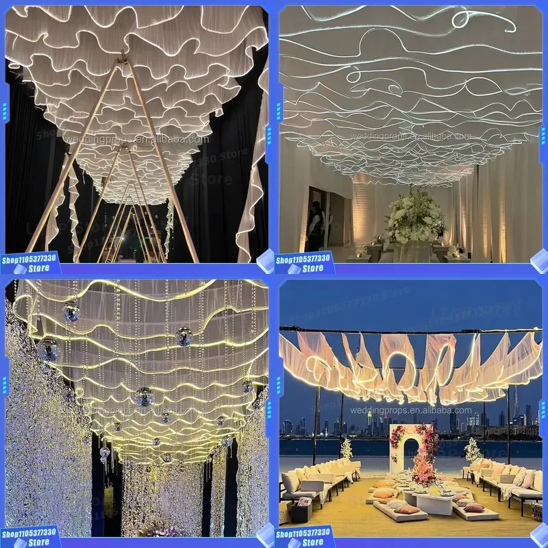 White LED Hanging Lights for Wedding Party Decor Fabric Ceiling Curtains Elegant Illuminated Drapes for Bridal Ceremony Venue