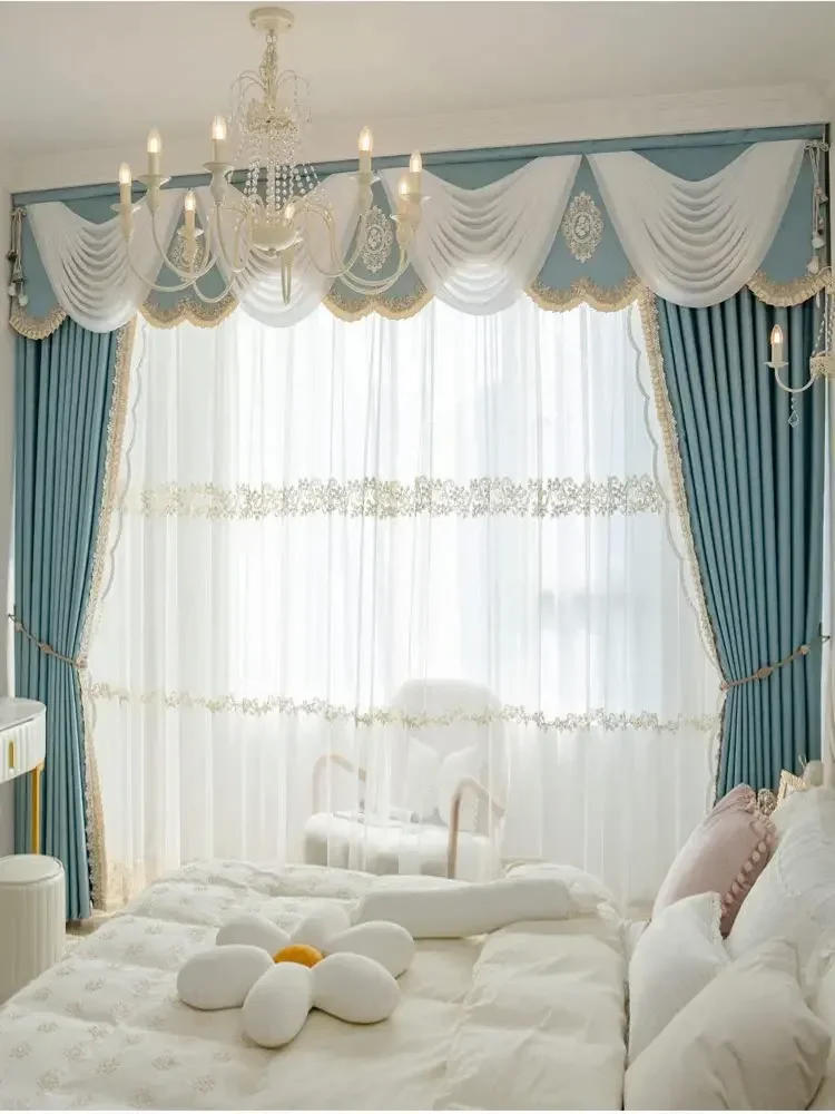 

French Curtains Bedroom Living Room Wedding Room New High-precision Fabric Anti-snagging Blue Curtain Head Customization