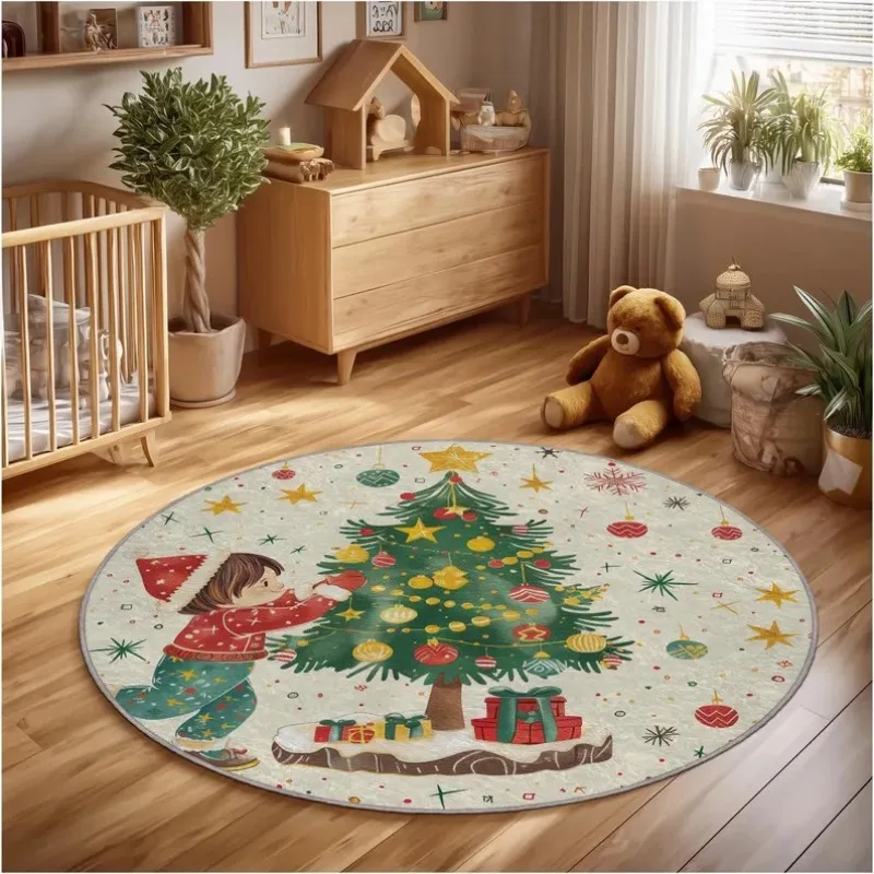 Santa Claus Builds Red Wall Pattern Circular Carpet Christmas Tree and Children's Carpet Christmas Decoration Gifts