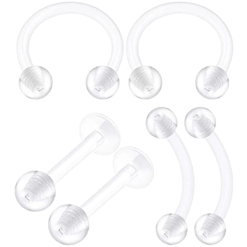 WKOUD 6PCS Bioplastic Clear Horseshoe Piercing 16 Gauge Ball Eyebrow Lobe Labret Earrings Cartilage Jewelry See More Sizes