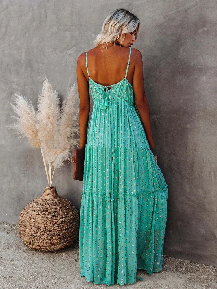 Vestido maxi longo sem mangas feminino, decote em v, alça de espaguete, boho, sem encosto, plissado, robe solto de praia, verão