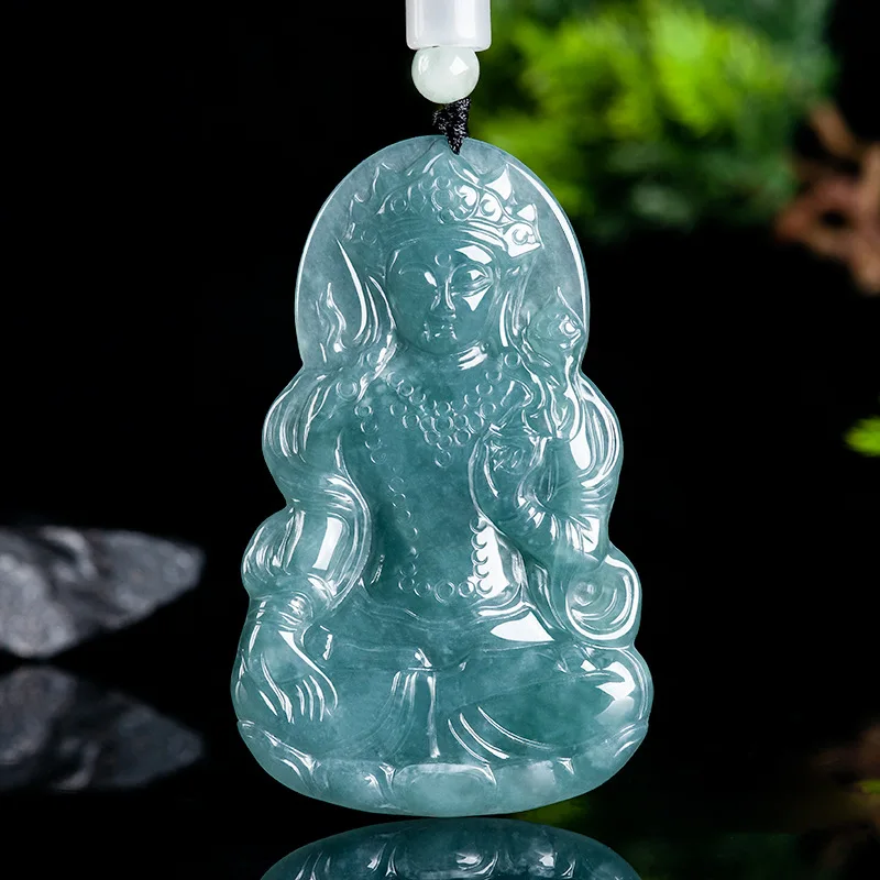 

A Blue Myanmar Jadeite Guanyin Pendant Necklace Fashion Accessories Vintage Luxury Burmese Jade Gifts for Women Talismans Stone