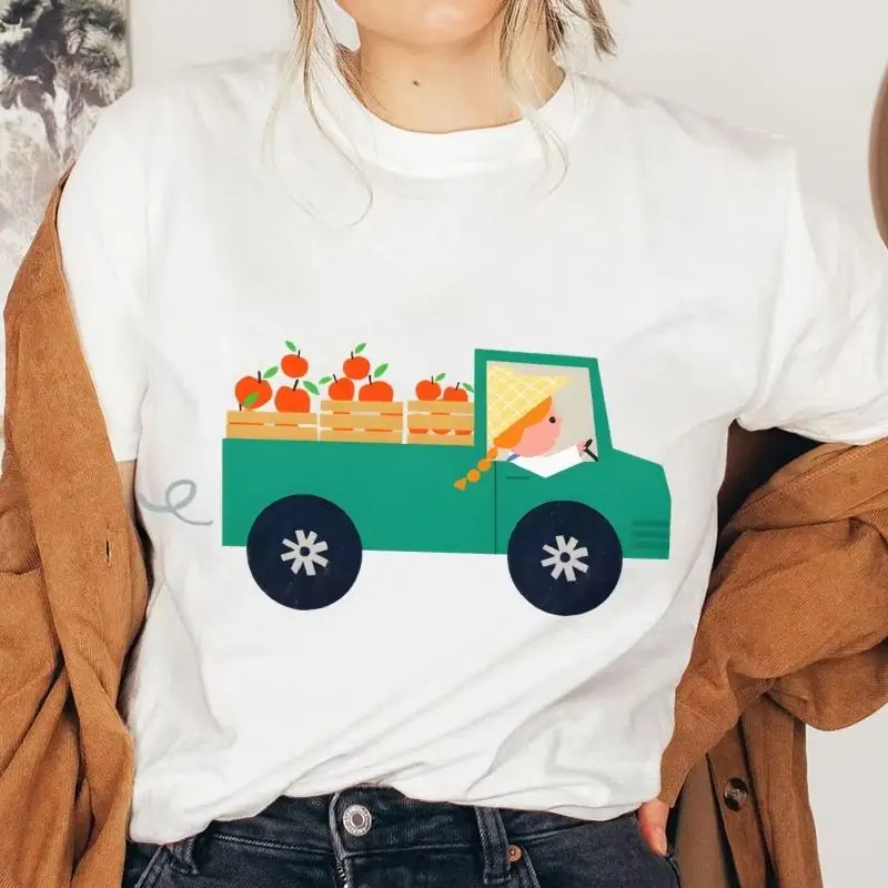 

Футболка с рисунком Apple Truck Футболка из хлопка высокого качества Oversize Красочная футболка с принтом фруктового грузовика Симпатичная трендовая одежда Y2K