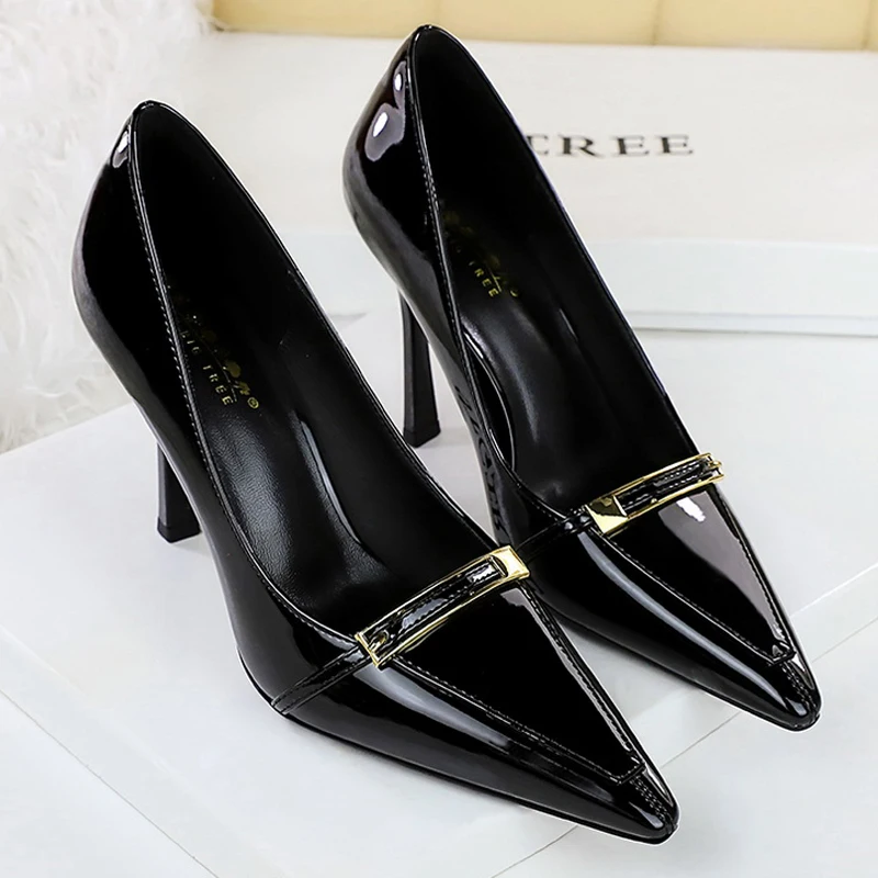 

BIGTREE Shoes New Metal buckle Women Pumps pointed High Heels patent leather Women Heels shoes Stiletto 9.5 cm Sexy party shoes