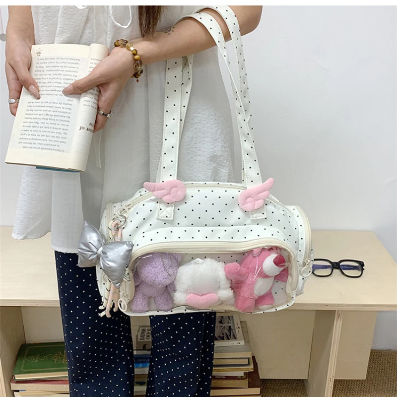 Angel Wings Ita-Tasche mit transparentem Sichtfenster, Damen-Umhängetasche im japanischen Stil, vielseitige Polka-Dot-Handtasche für den täglichen Pendelverkehr – Detail 28