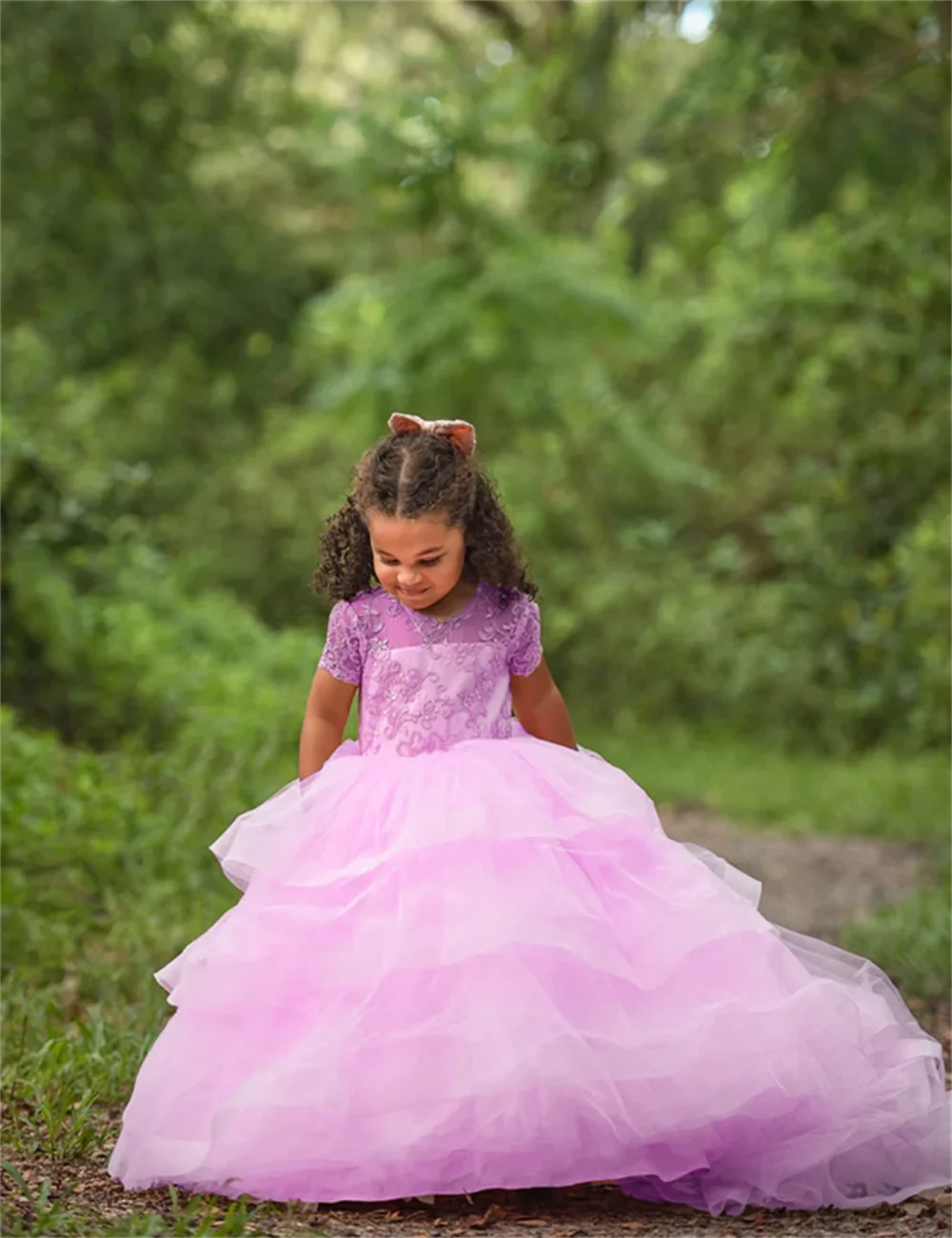 

Pink Blush Flower Girl Dresses Tiered Ruffles Ball Gown for Wedding Lace Appliques Kids Birthday Party Gown Children Pageant