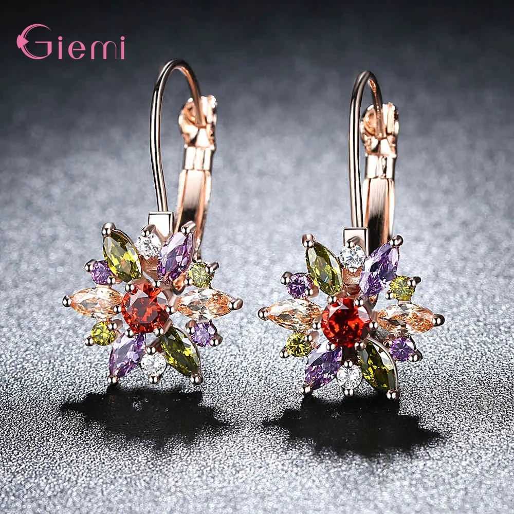 

Genuine 925 Sterling Silver Hoop Earrings Sparkling Colorful Sun Flower Zircon Drop Earring for Women Girls Party Trendy Jewelry