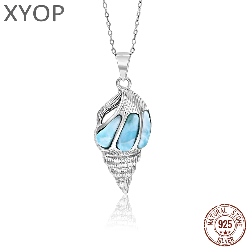 

XYOP 925 Silver Gift Natural Blue Larimar Spiral Pendant 40+5cm Cross Necklace, Versatile Fine Absorption High Cost Performance