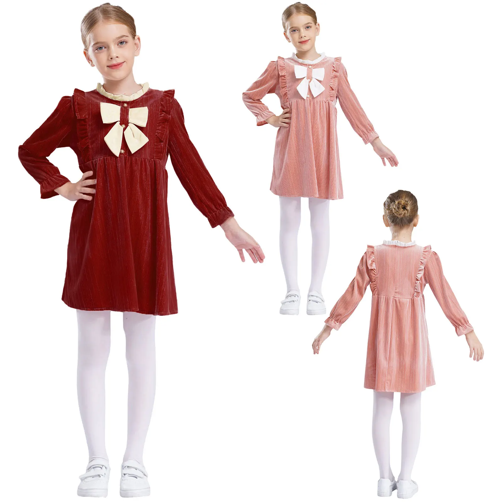 Kids Girls Cute Ruffles Velvet Dress Autumn Winter Long Sleeve Crew Neck Elegant Dresses For Birthday Fancy Party Photo Shoot