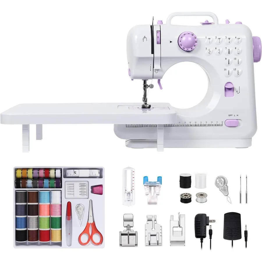 

Sewing Machine for Beginners Mini Sewing Machine with 5 Replaceable Presser Feet Extension Table 12 Built-in Stitches Portable