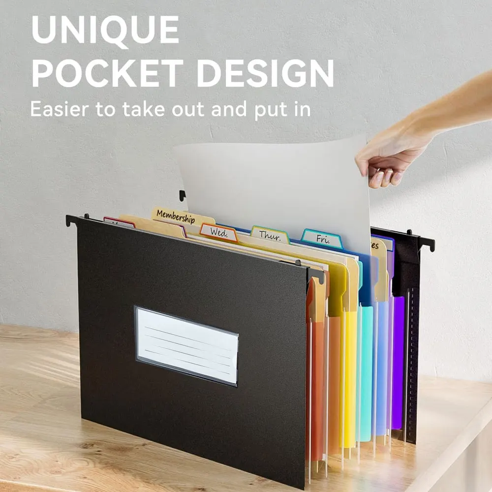 

1-pack of plastic telescopic hanging folders with 7 compartments and multi-colored labels, suitable for filing cabinets.