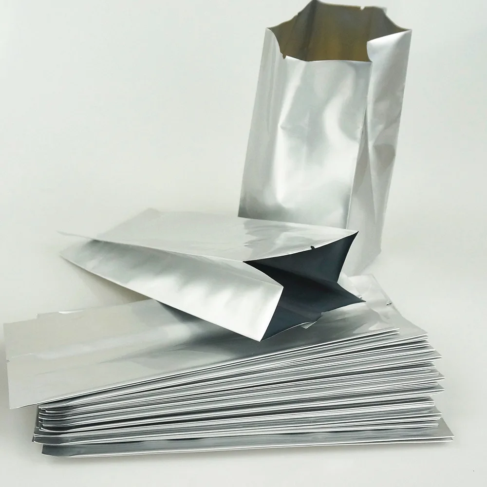 100pcs Silvery White Pure Aluminium Foil Bags Side Gusseted / Heat Seal Food Grade Storage Package Vacuum-seal Side-Folded Pouch