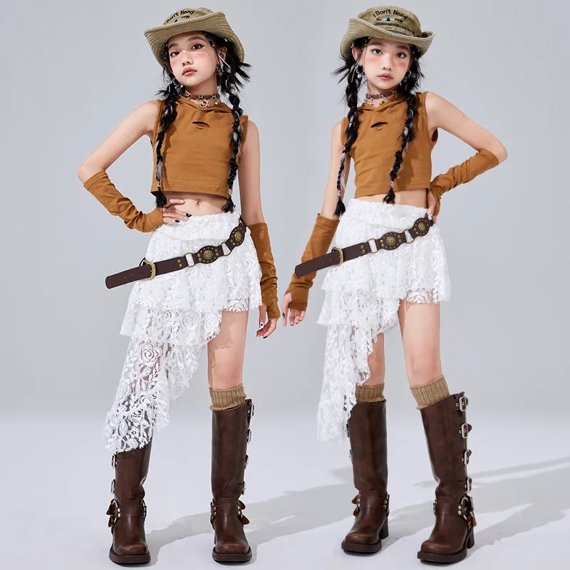 Kid Cool Hip Hop Clothing Brown Hoodie Tank Crop Top White Layered Irregular Hem Lace Skirt for Girl Jazz Dance Costumes Clothes