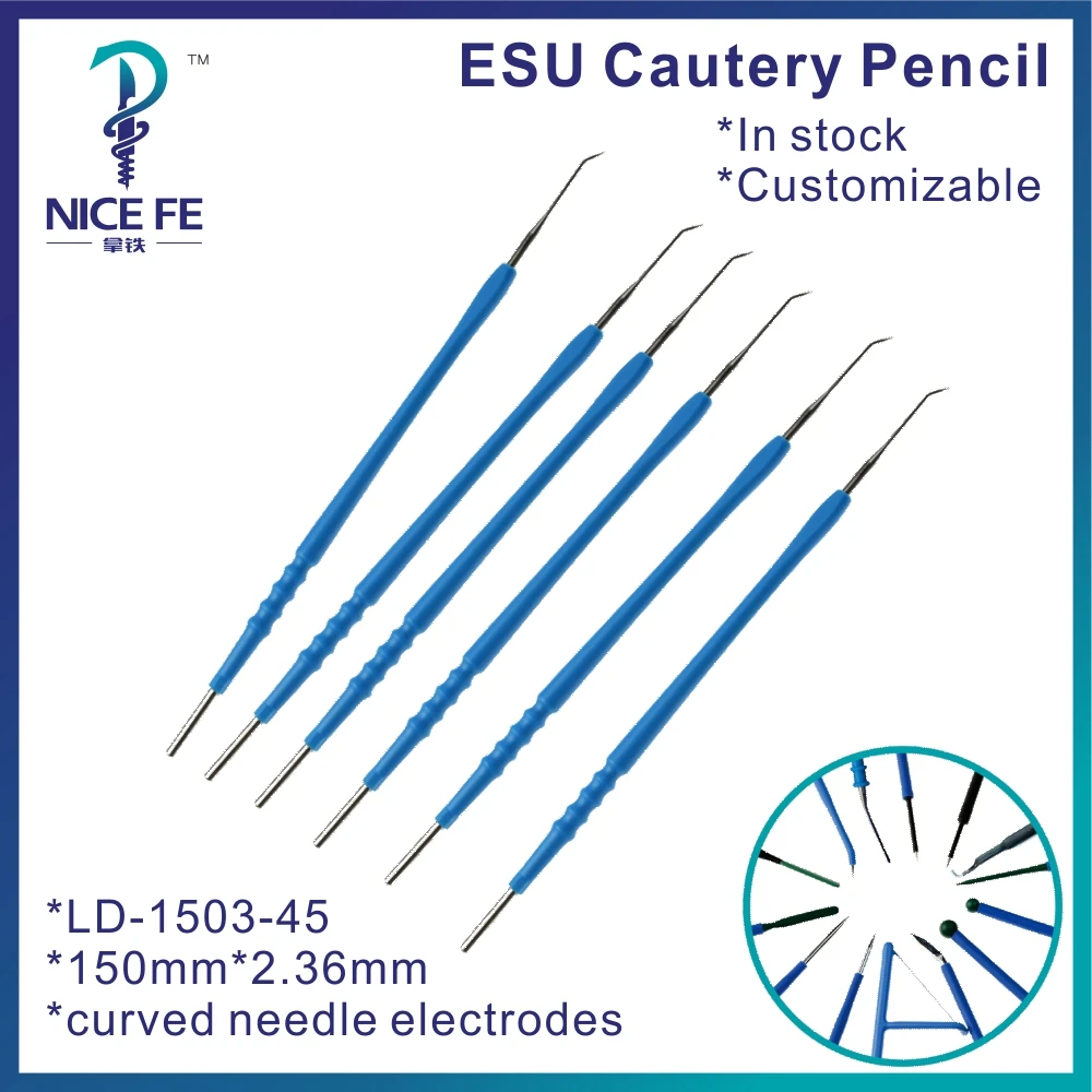 Wholesale Electrosurgical Curved 45°needle electrode 150mm*2.36mm,Curved 45°needle disposable esu cautery pencil 5pcs packing