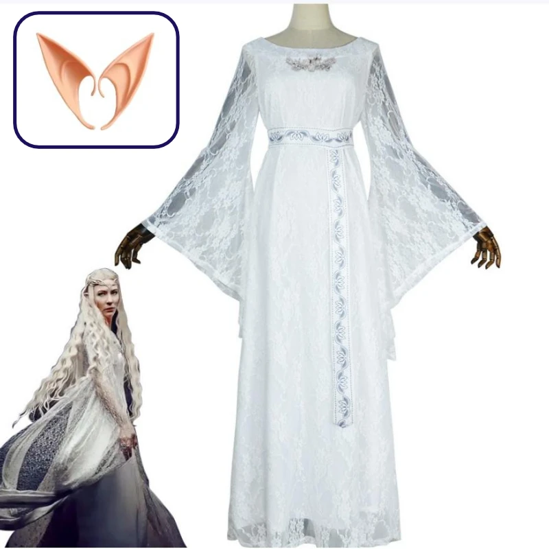 

Disguise Elf Queen Galadriel Cosplay Medieval Vintage White Court Gown Magic Movie Ring Costume Women and Elven Ear Props