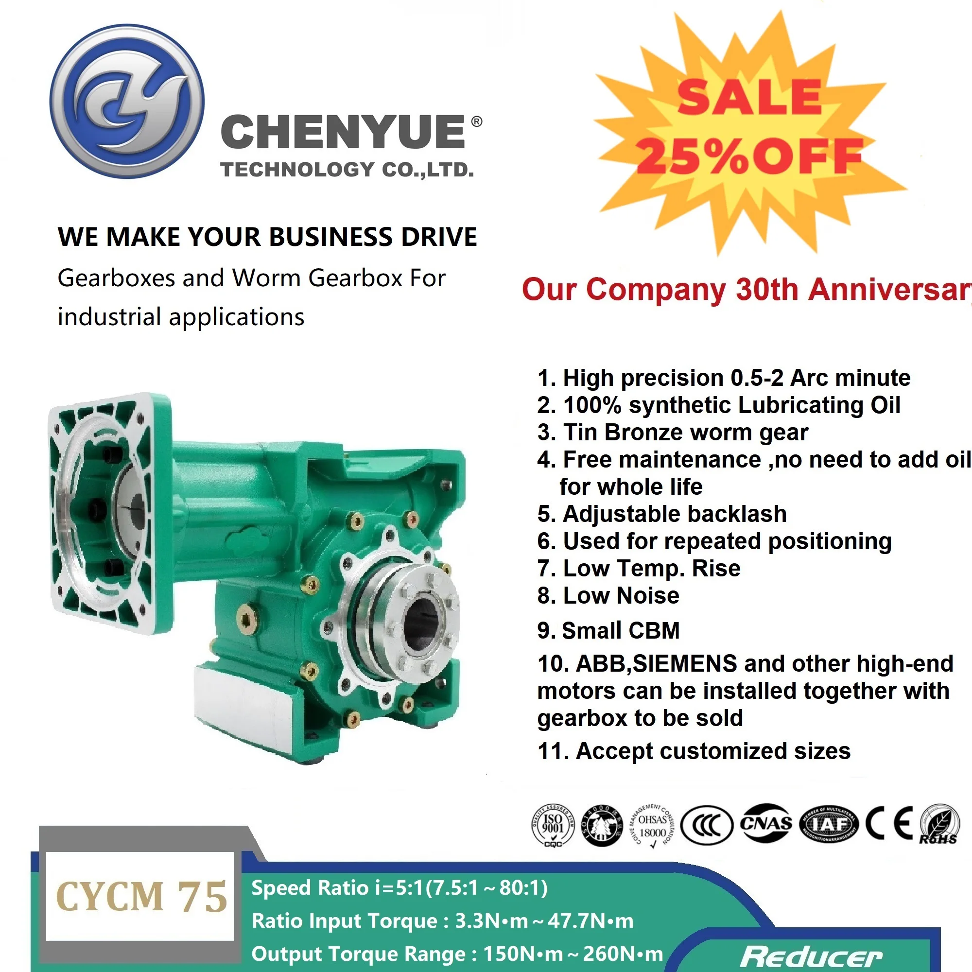 

CHENYUE Low backlash 0.5-2 Arc minute Worm Gearbox Gear Speed Reducer CYCM75 Input 19/20/22/24/28 Output 35mm Ratio5:1/80:1