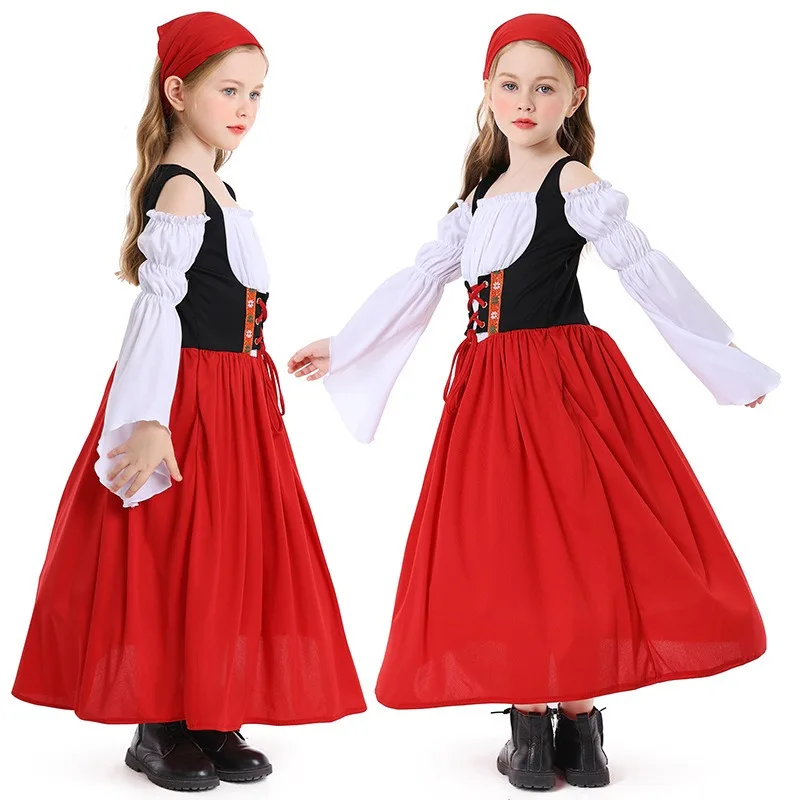 

Kids Bavarian Oktoberfest Costume Medieval Farm Girl Dress with Apron Shirt