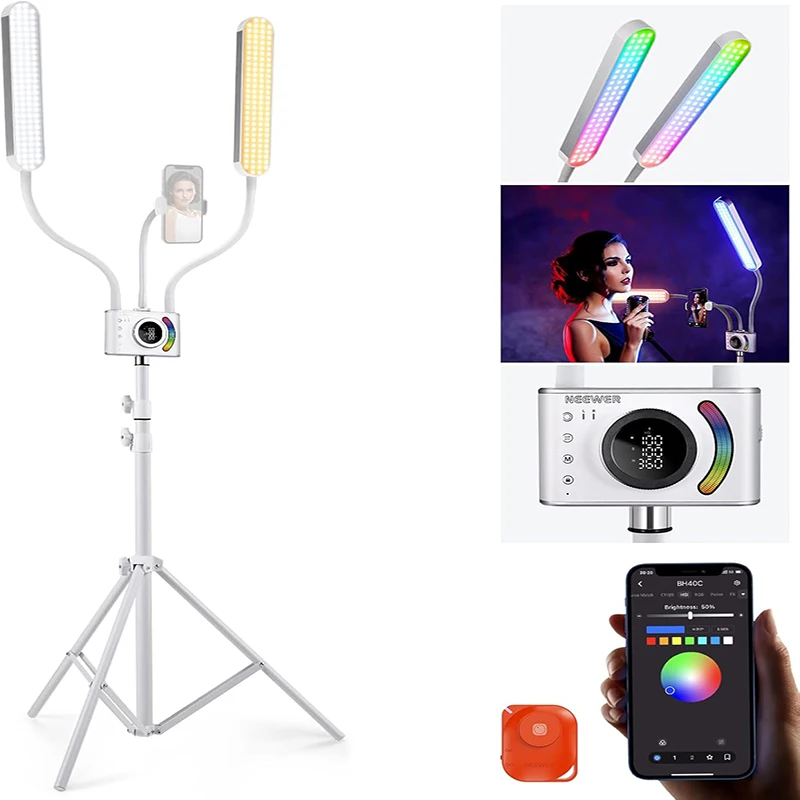 

Neewer BH40C RGB Beauty Light w/App/Touch Control, Dual Arm LED 2500K-10000K & 18 Scenes for Tattoo/Lash/Brow, Phone Holder & Ba