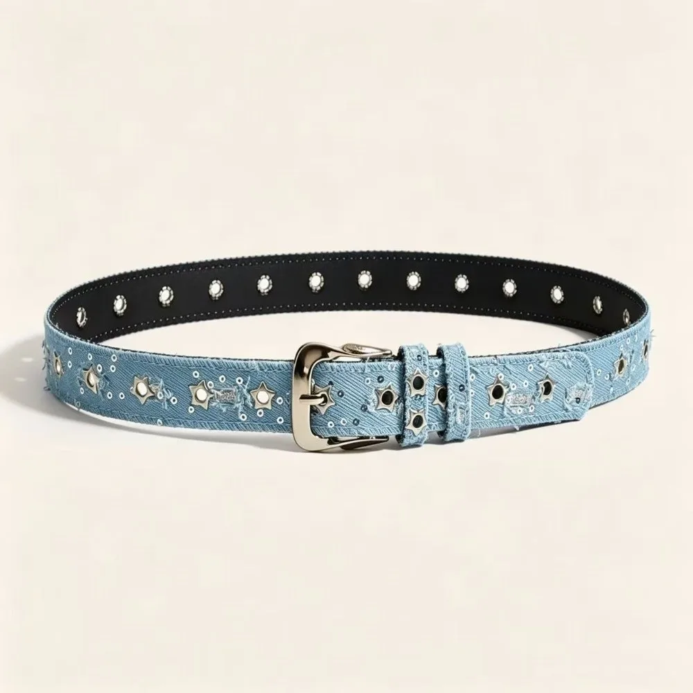 Trendy Pin Buckle Canvas Denim Waist Belt Adjustable All-match PU Leather Belt Sequins Decoration Cowgirl Belt For Women