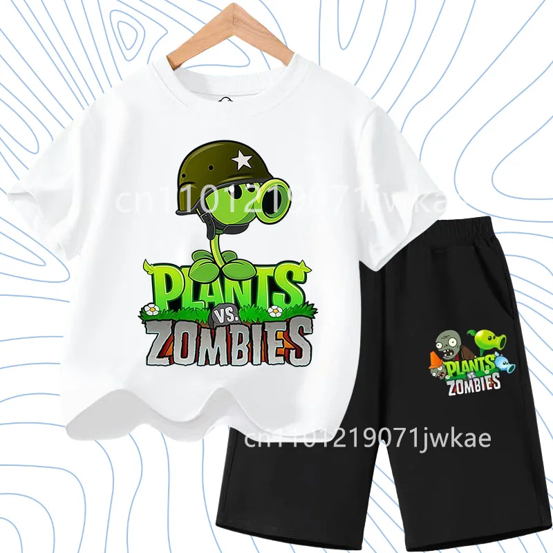Children's Plants Vs. Zombies Short-Sleeved T-Shirt Set Cotton Summer Fashion Comfortable Top+pants for Boys and Girls