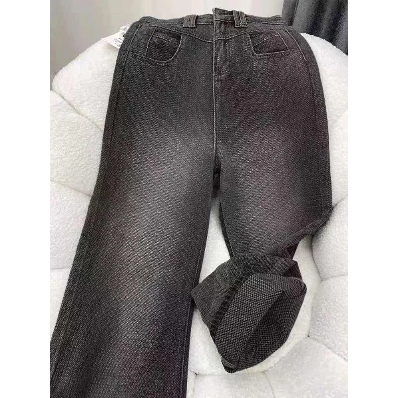 Schwarze Jeans mit geradem Bein für Damen, neuer Herbststil, Übergröße, mollige Mädchen, hoch taillierte, hüftbedeckende, lange Hosen mit Sternenhimmel und weitem Bein