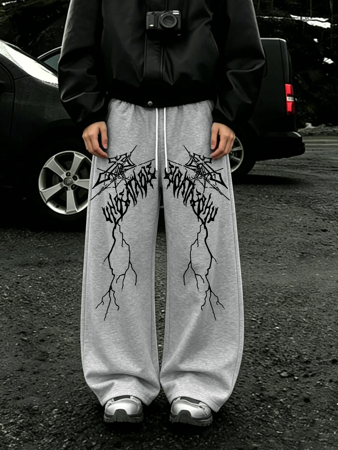 Men Y2K Dark Streetwear Sweatpants, Gothic Lightning Thorn Font Symmetrical Double Side Print Loose Drawstring Wide Jogger Pants