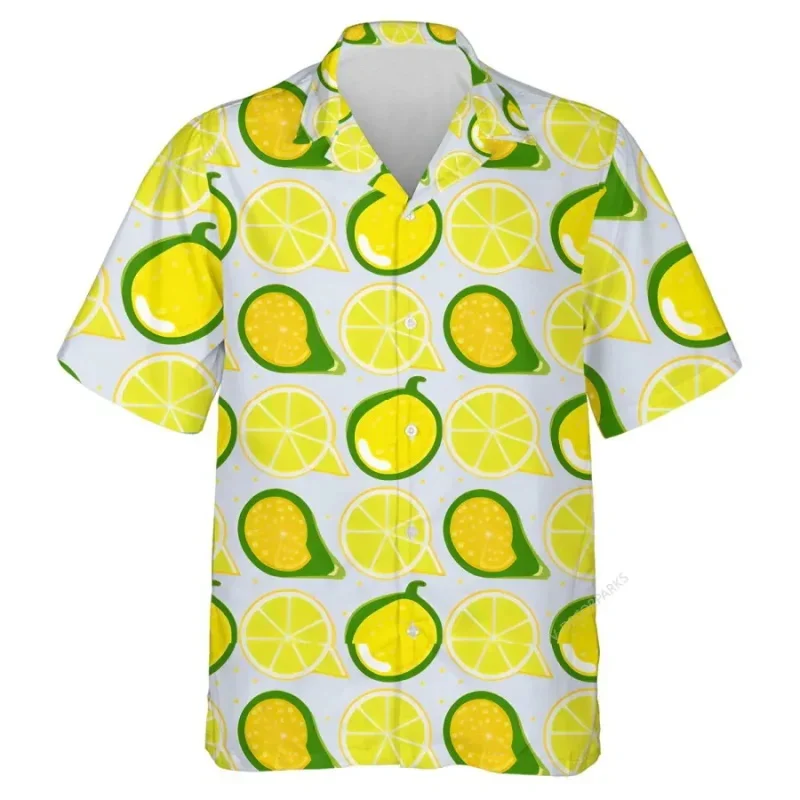 Full Print Fruit Lemon Graphic Hawaii Beach Shirts Summer Short Sleeve Plus Size Button Up Blouse Shirts Mens Tee Shirt Tops