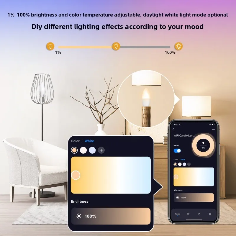 ضوء شمعة LED للمنزل الذكي WiFi Tuya: 6 وات، يتم التحكم فيه بالطبيقات والصوت، وظيفة التوقيت، لمبة ذكية لمزامنة الموسيقى RGB