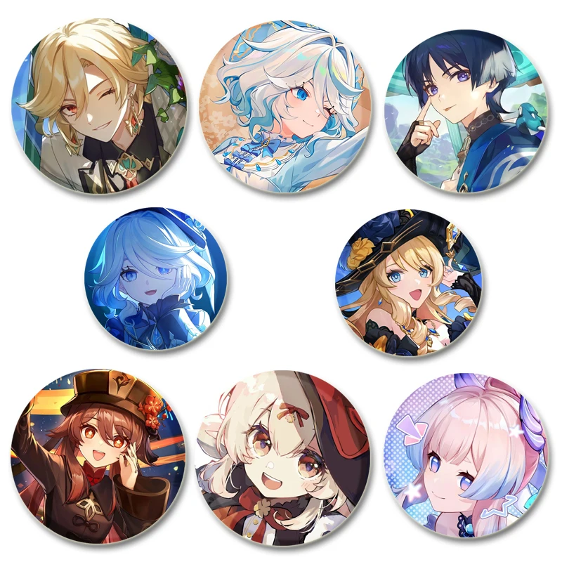 Genshin Impacto Broche De Impressão HD, Anime Emblema Figura Dos Desenhos Animados, Broches de Exibição Redonda, Furina, Raiden Shogun, Nahida, Lapela Pins Gift