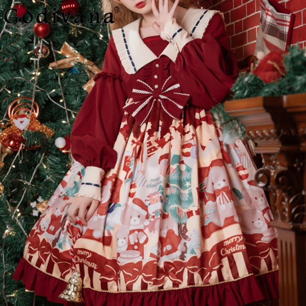 

Christmas Bear Lolita Skirt Op Sweet Cute High Waist Princess Dress New Year Red Dress Kawaii Women Dress