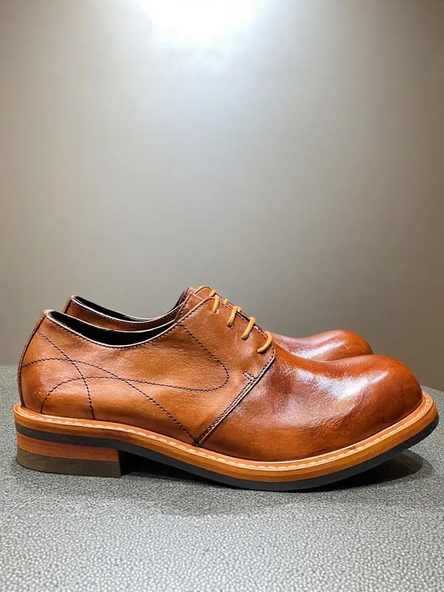 

American-style Retro British Genuine Leather Casual Retired Cow Tooling Shoes Low-top Large-layer Cowhide Derby Leather Shoes