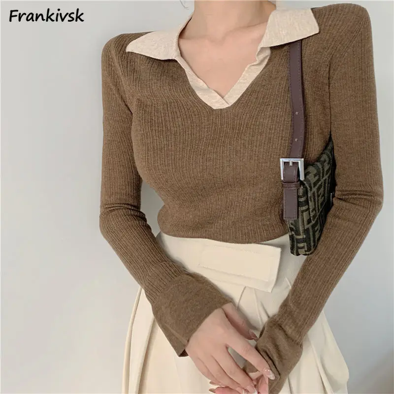 

Sweaters Women Autumn All-match Turn-down Collar Panelled Simple Elegant Comfortable Leisure Trendy Retro Streetwear Students