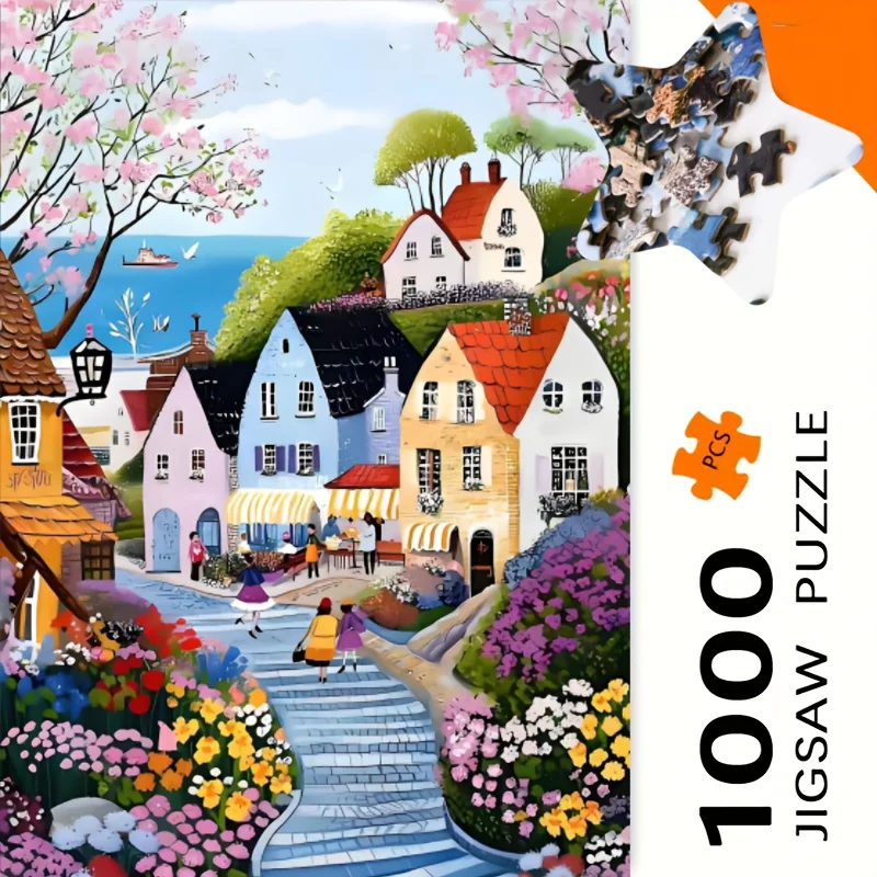 1 Schachtel mit 1000 Stück Puzzle – großes Challenge-Puzzle mit Küstendorf-Szene, rahmenloses Design für Erwachsene und Familien, Ho