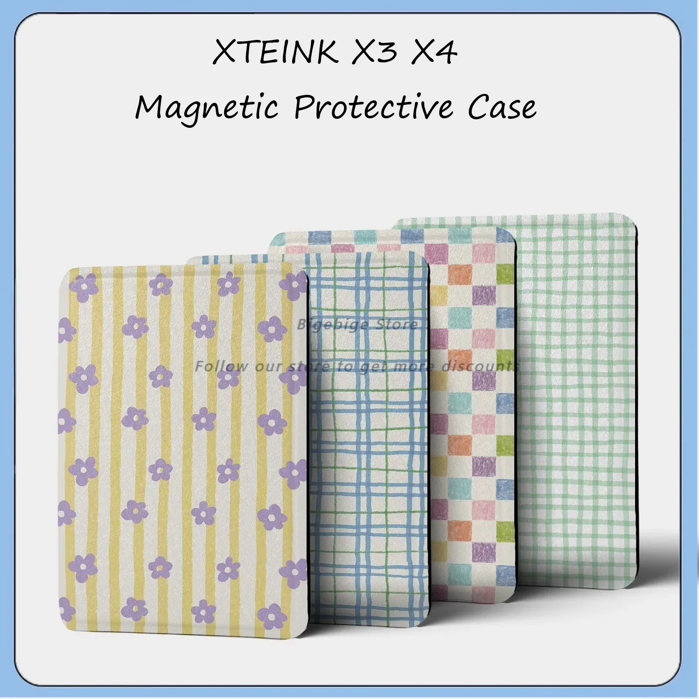 For XTEINK X3 X4 E-Ink Ebook Reader Magnetic Protective Folio Case Artistic Grid‑Print Magnetic Detachable Clear TPU Gift