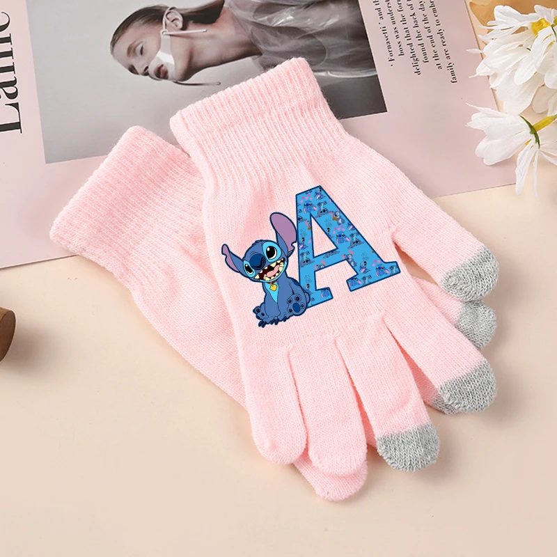 Cute Stitch Disney Girls Gloves Kawaii Cartoon Letter A-Z Printed Gloved Kids Winter Warm Accessories Children Christmas Gifts