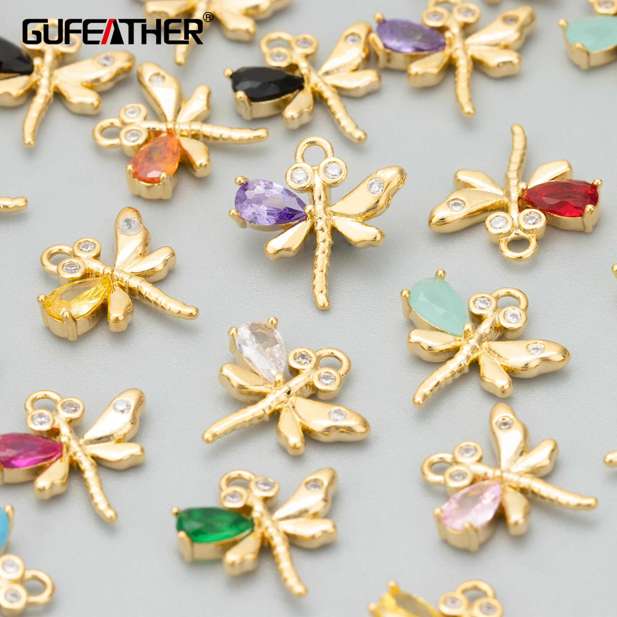 GUFEATHER ME36,jewelry accessories,18k gold plated,copper,zircons,dragonfly shape,charms,jewelry making,diy pendants,10pcs/lot