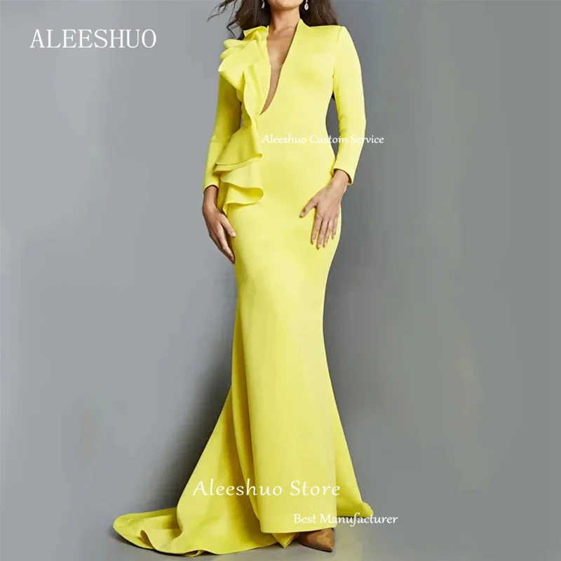 Aleeshuo Elegant Mermaid Prom Dresses Satin Sexy Deep V-Neck Party Long Sleeve Formal Party Gowns Long Train 2025 Customized