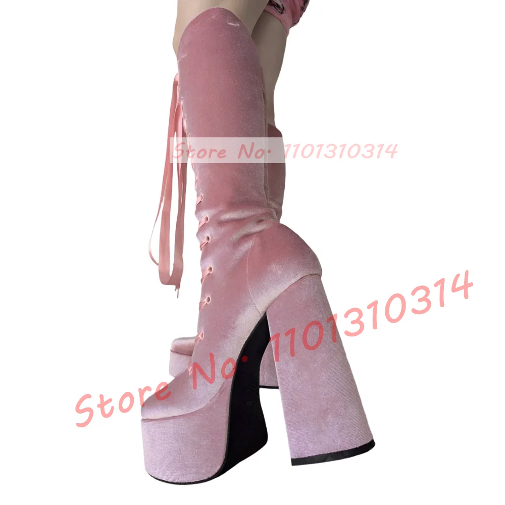 Satin Ribbon Platform Long Boots Women Pink High Block Heels Front Cutouts Suede Shoes Ladies Sweet Party Lace-up Knee High Boot