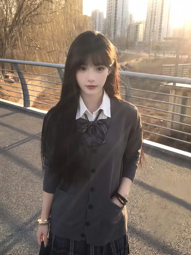 

Autumn Winter Long Sve Sweater Cardigan Set School orm Sle for Fem Students Knot Decorated Plaid Skirt