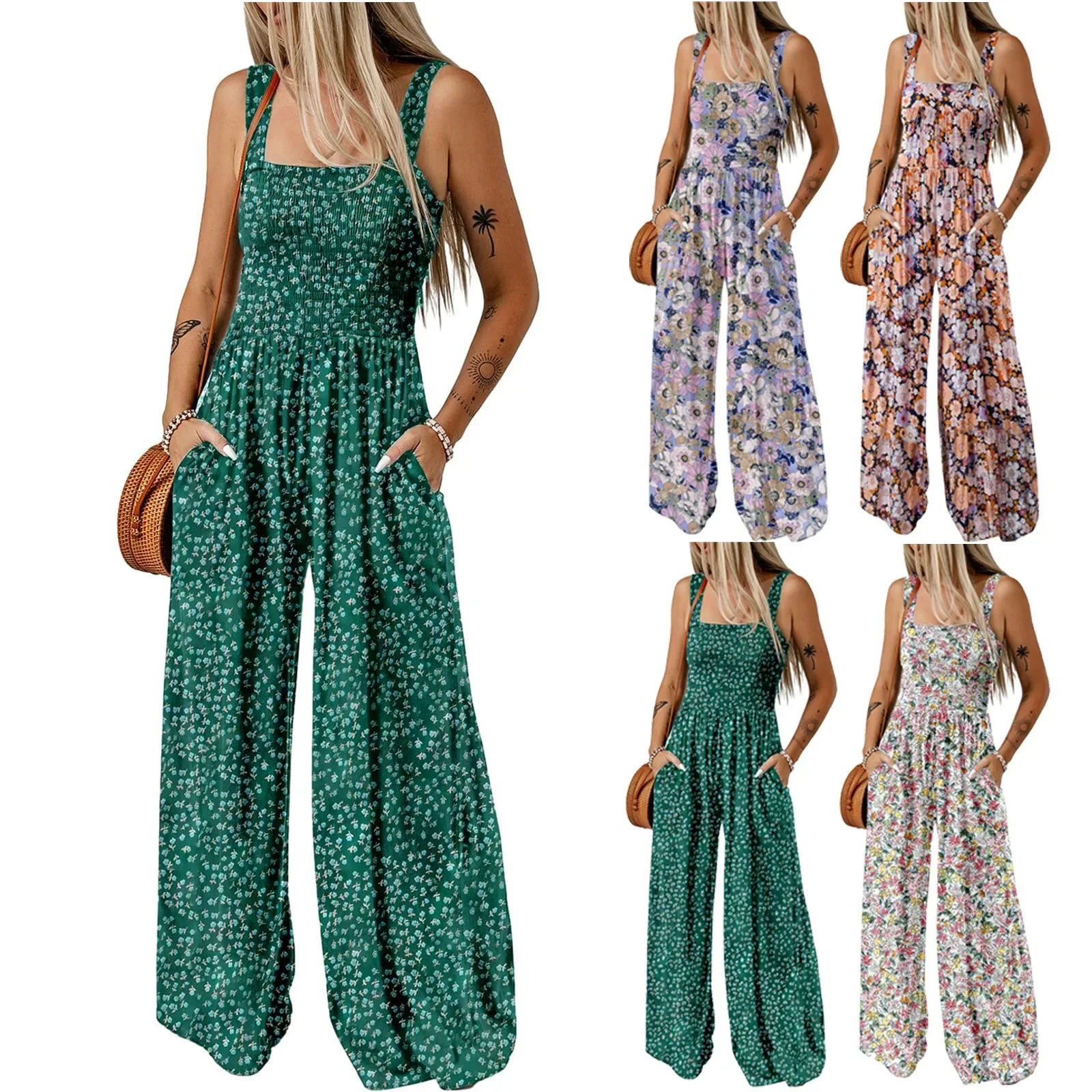 2024 New Loose Floral Printing Women Fashion Rompers Summer Casual Female Jumpsuits Streetwear Pants Sleeveless Overalls