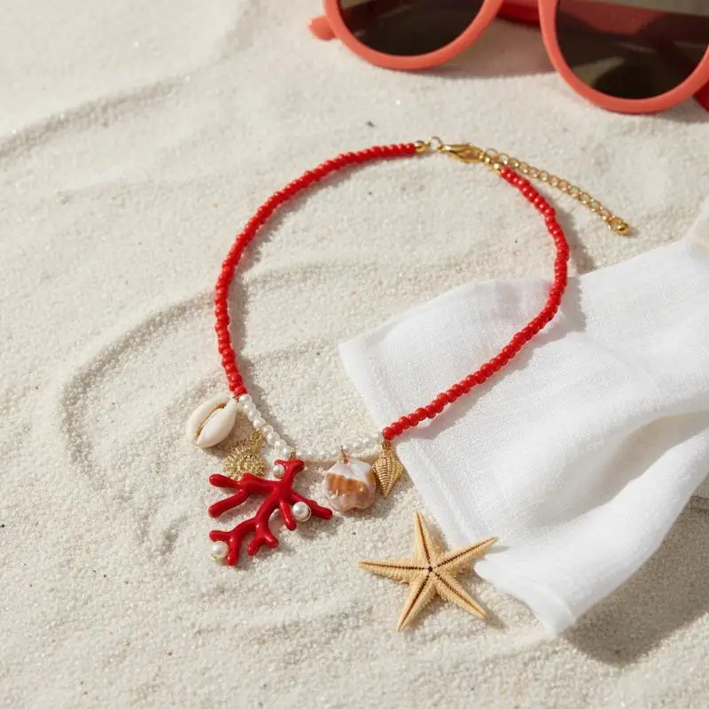 Summer Beach Style Beaded Necklace Shell Coral Starfish Charms Dainty Adjustable Jewelry for Women Holiday Gifts
